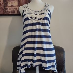 Agenda- Navy Striped Tank w/ Crochet Lace Neckline, Size Small